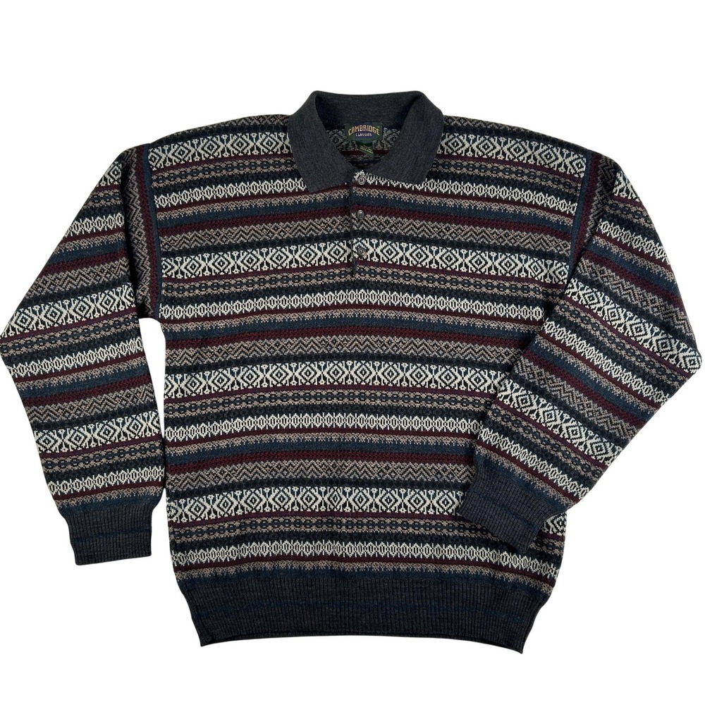 Vintage Cambridge Classics‎ Sweater Mens Large Fair Isle Henley Knit Italy Wool